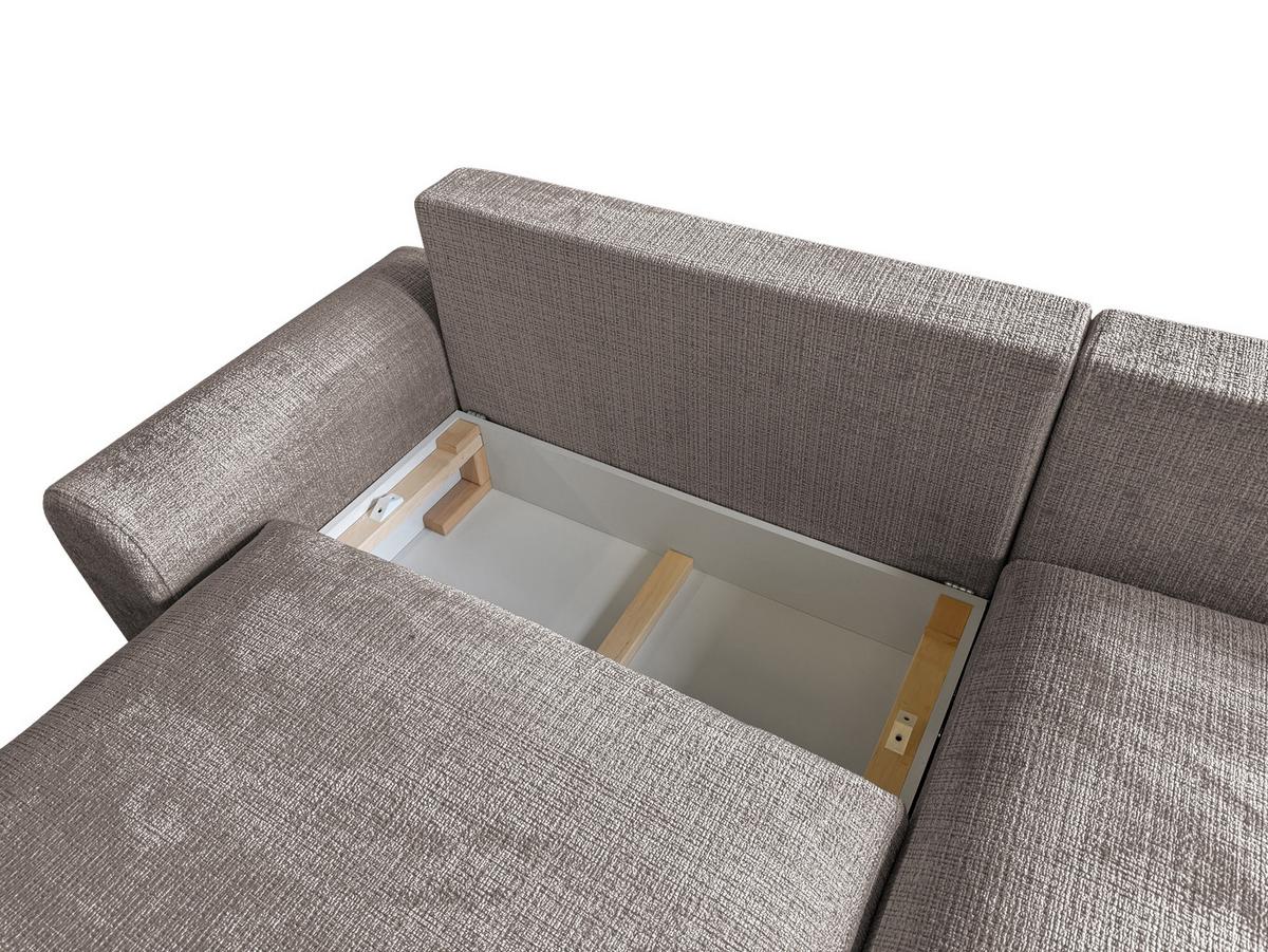ECKSOFA Melvano mit Schlaffunktion und Bettkasten im Japandi-Stil aus weichem Taupe Chenille-Stoff - Taupe/Schwarz, Holz/Kunststoff (240/145cm) - S-Style