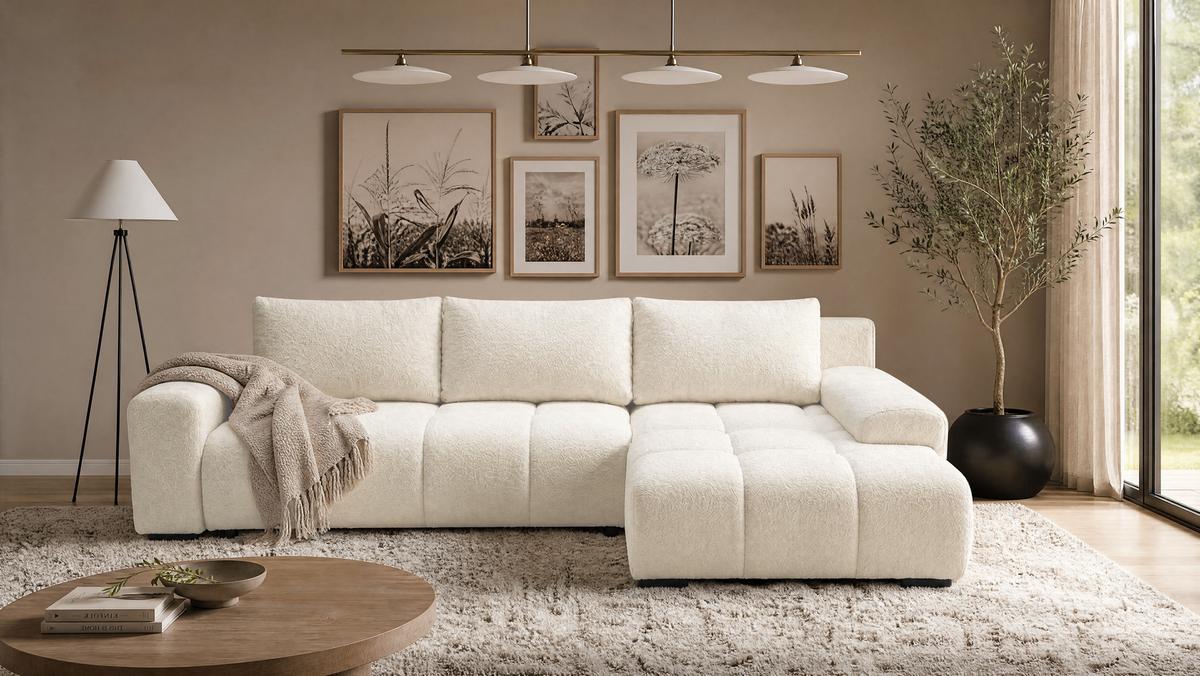 ECKSOFA Ovia mit Bettkasten und Schlaffunktion, Bouclé-Stoff in L-Form - Beige, Textil (270/185cm)