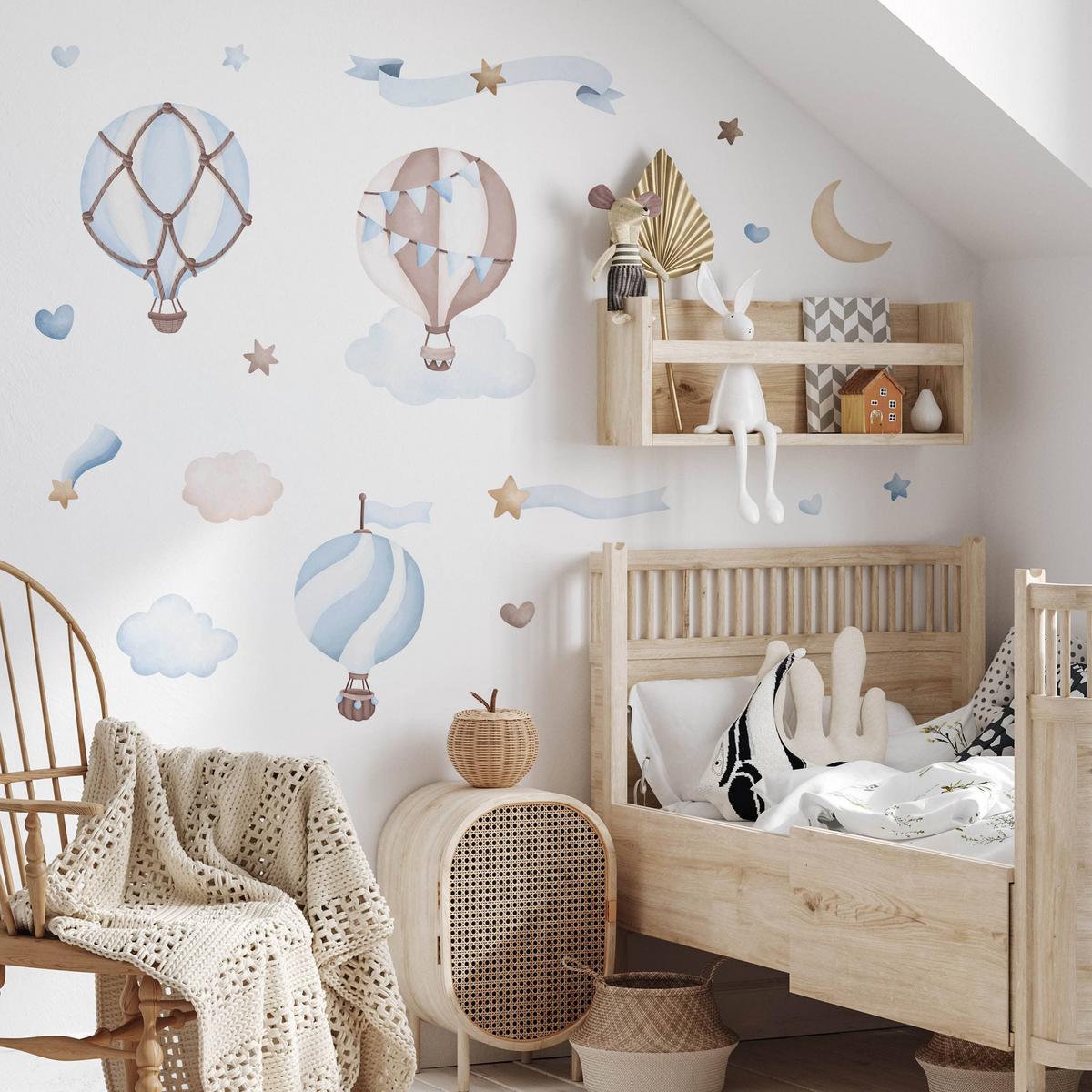 STICKER SET für Kinder blaue Luftballons Wolken Sterne Boho 120x60 - Beige/Braun, Papier (120/60/1cm) - Muralo