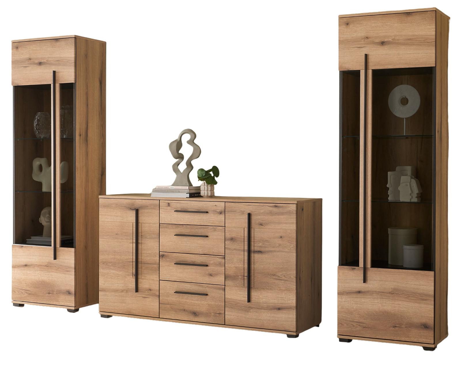 WOHNWAND Eiche Evoke, Wohnkombination 3-teilig mit Beleuchtung - Eichefarben/Schwarz, Glas/Holzwerkstoff (290/200/42cm) - Furn.Design