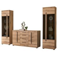 WOHNWAND Eiche Evoke, Wohnkombination 3-teilig mit Beleuchtung - Eichefarben/Schwarz, Glas/Holzwerkstoff (290/200/42cm) - Furn.Design