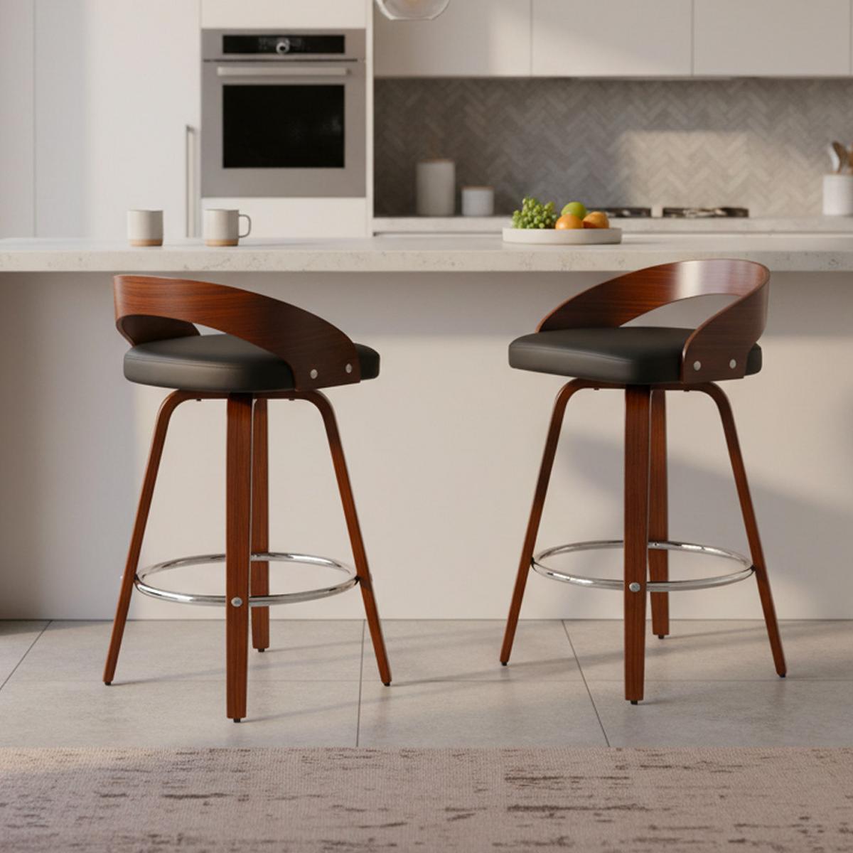 BARHOCKER SET 2 STK. Walnuss Holz Drehbar mit Polstersitz Schwarz - Schwarz, Leder (48/77.5/46.5cm) - Urban Meuble