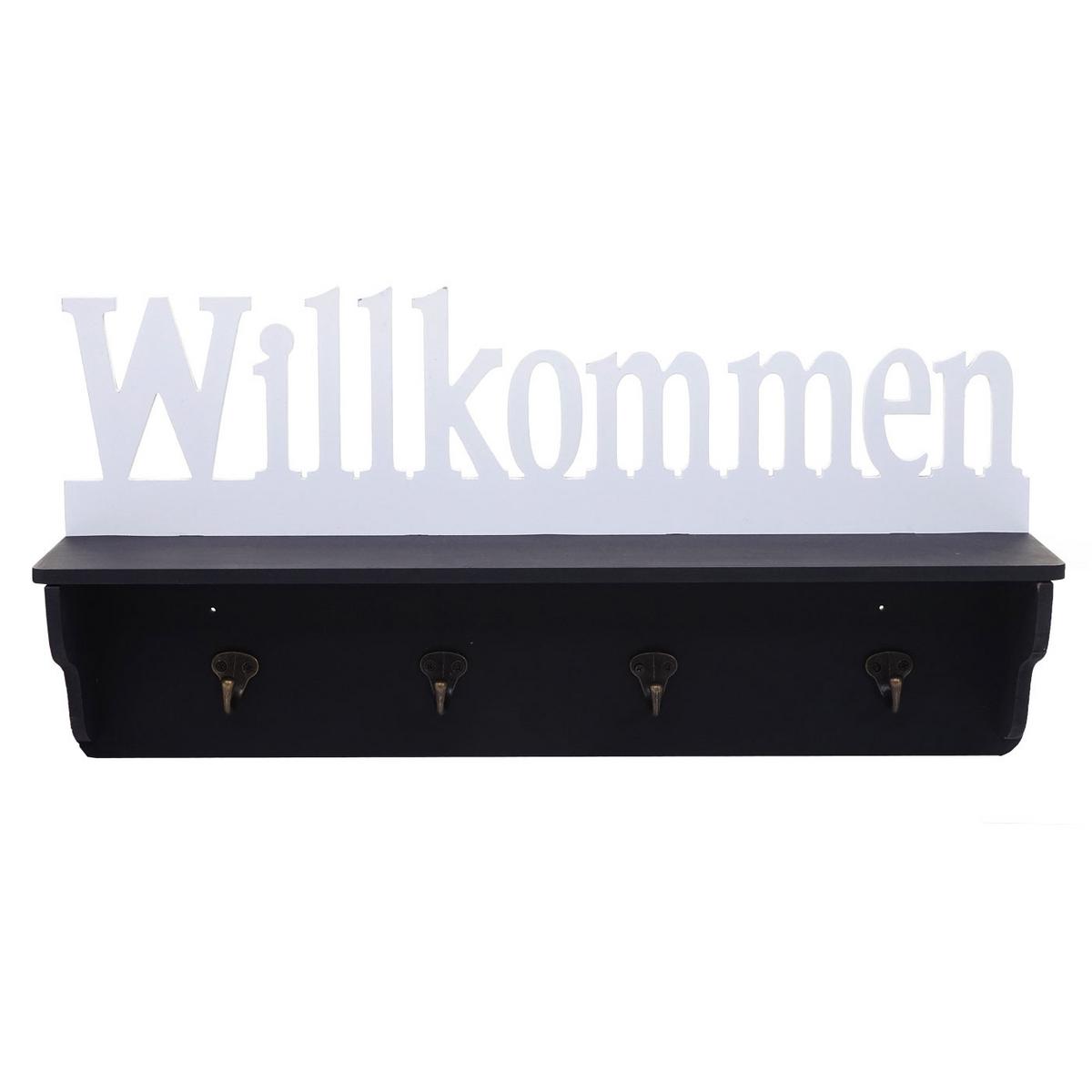 WANDGARDEROBE WILLKOMMEN 4 HAKEN Schwarz, Reinweiß - Schwarz/Weiß, Holz (60/30/13cm) - MCW