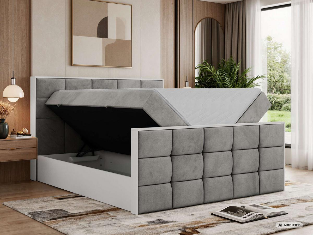 BOXBETT ALVIT DUO 180/200 - Hellgrau Velvet - Topper Visco - H3 - Hellgrau/Schwarz, Kunststoff/Textil (180/200cm) - MKS