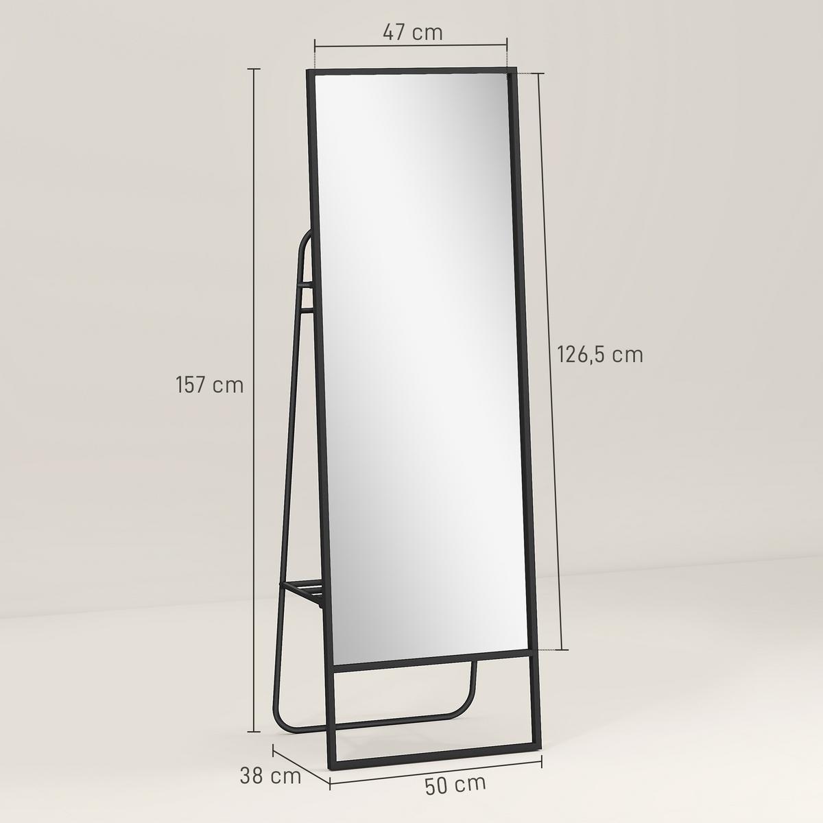 GANZKÖRPERSPIEGEL 157 x 50 cm Rechteckig Standspiegel mit Regal, 2 Haken Schwarz - Schwarz, Metall (38/157/50cm) - HOMCOM