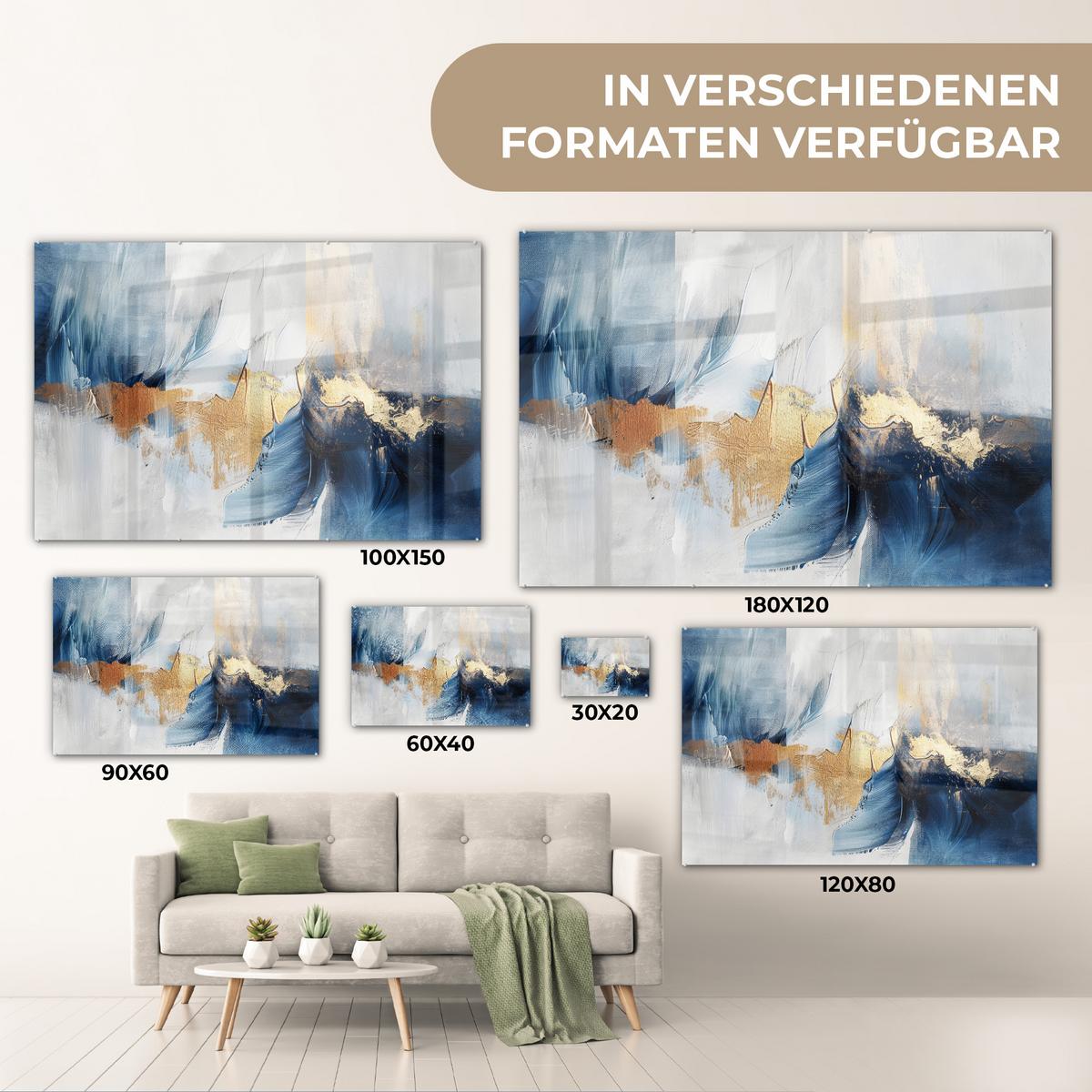 ACRYLGLASBILD Gold - Blau - Aquarell - Kunst - Modern Wanddeko 60x40 cm - Hellblau, Glas (60/40cm) - MuchoWow