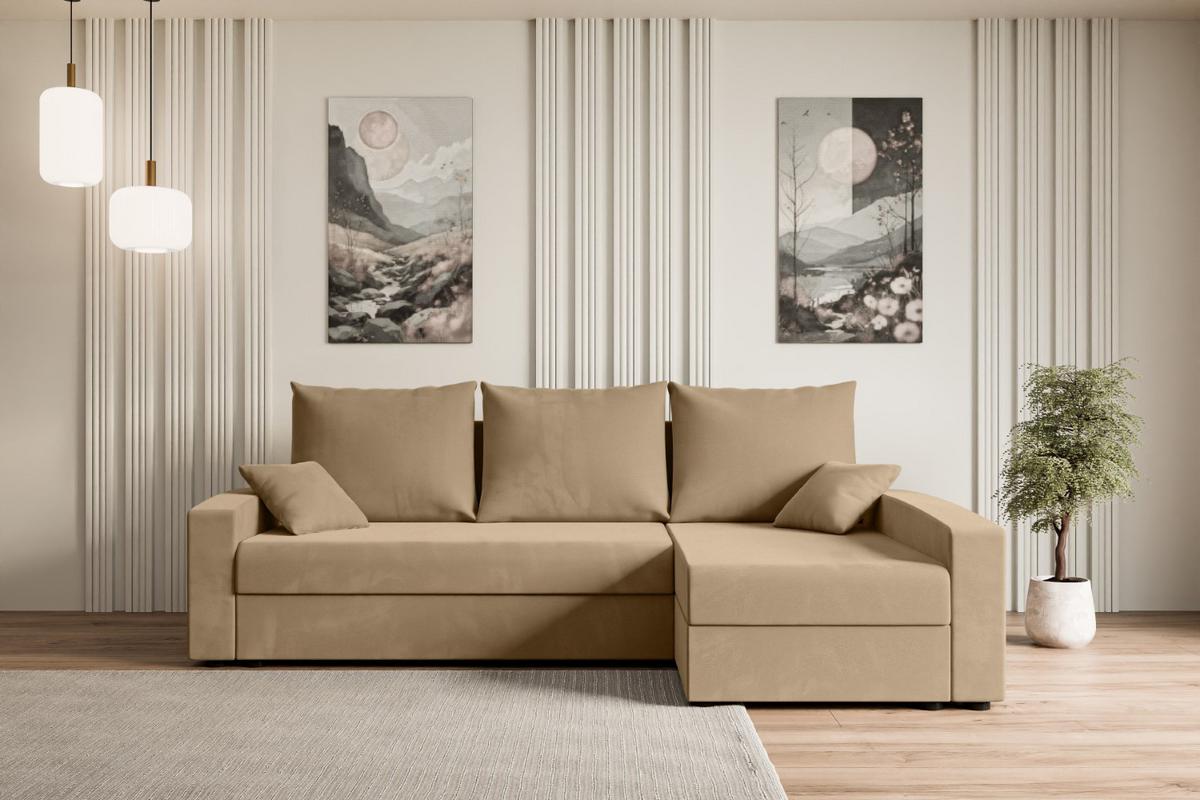 ECKSOFA mit Schlaffunktion und Bettkasten ALESIA-L 231x140x90 cm Beige Velours - Beige/Silberfarben, Holzwerkstoff/Kunststoff (231/140cm) - ALTDECOR