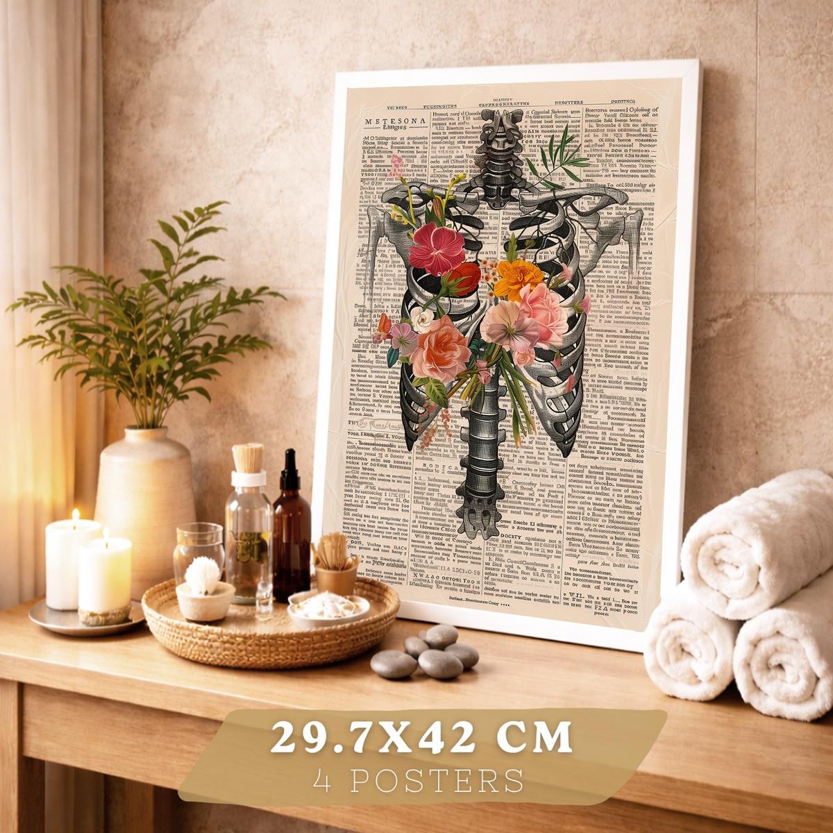 POSTER Set aus 4 Vintage Anatomie Drucke und Wandbilder mit Herz Schädel Skelett und Gehirn Collage Stil Wanddekoration Größe Weißer Rahmen A3 - Weiß, Papier (29.7/42/3cm) - Nacnic