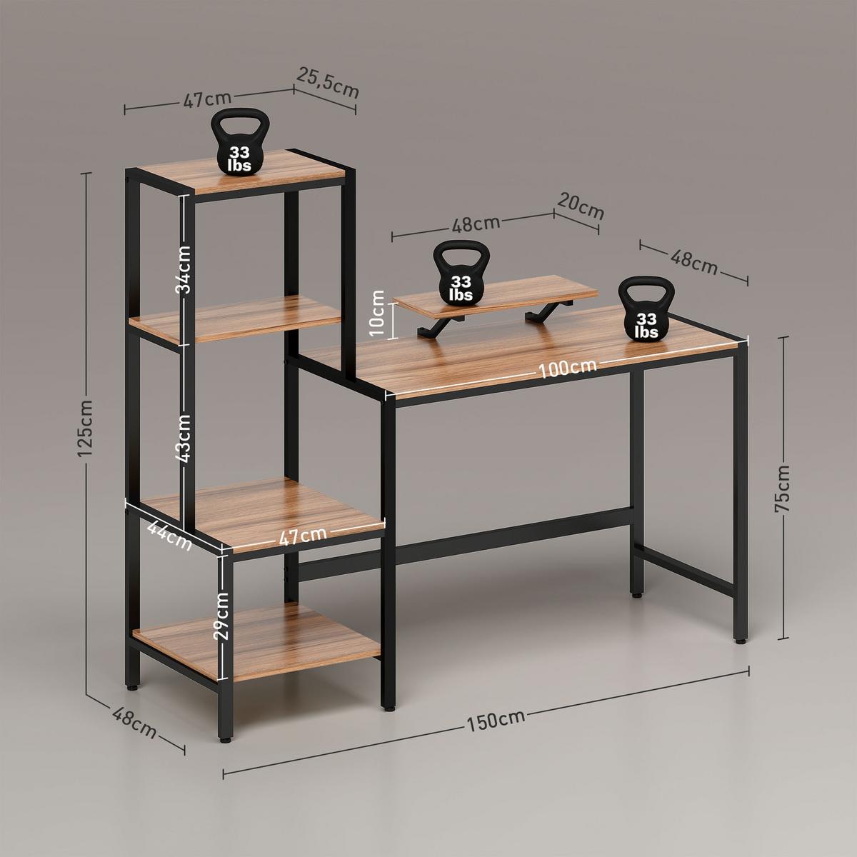 SCHREIBTISCH Computertisch mit Monitorständer, CPU-Ständer, 150 x 48 x 125 cm, Braun - Braun, Holzwerkstoff (150/48/125cm) - HOMCOM
