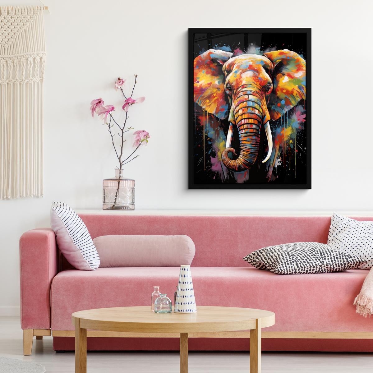 POSTER MIT RAHMEN Elefant - Graffiti - Schwarz - Tiere - Farben Posterleiste 60x80 cm - Schwarz, Papier (60/80cm) - MuchoWow