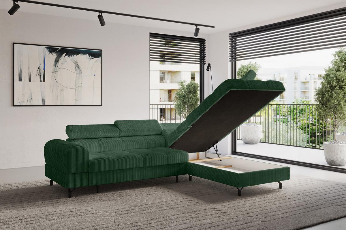 ECKSOFA mit Schlaffunktion Ottomane Rechts LUMA-L 272x203x70 Grün Cord - Schwarz/Grün, Holzwerkstoff/Kunststoff (203/272cm) - ALTDECOR