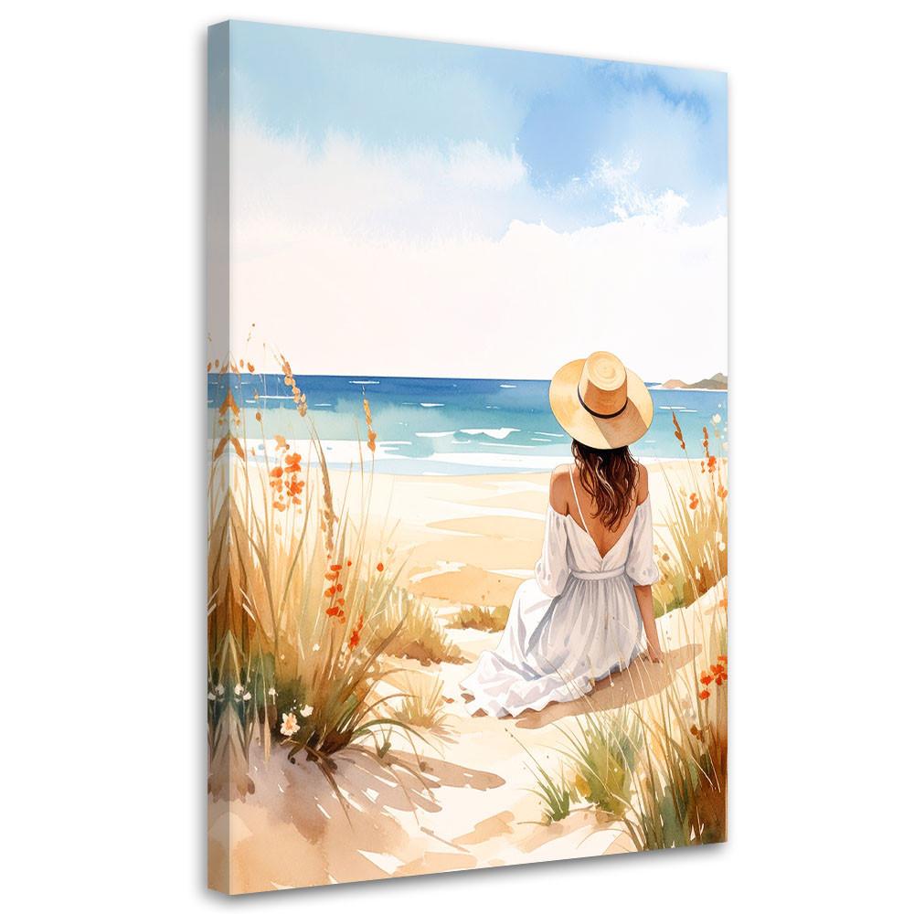 LEINWANDBILD Frau Strand Meer Landschaft 60x90cm - Beige, Textil (60/90cm) - Feeby