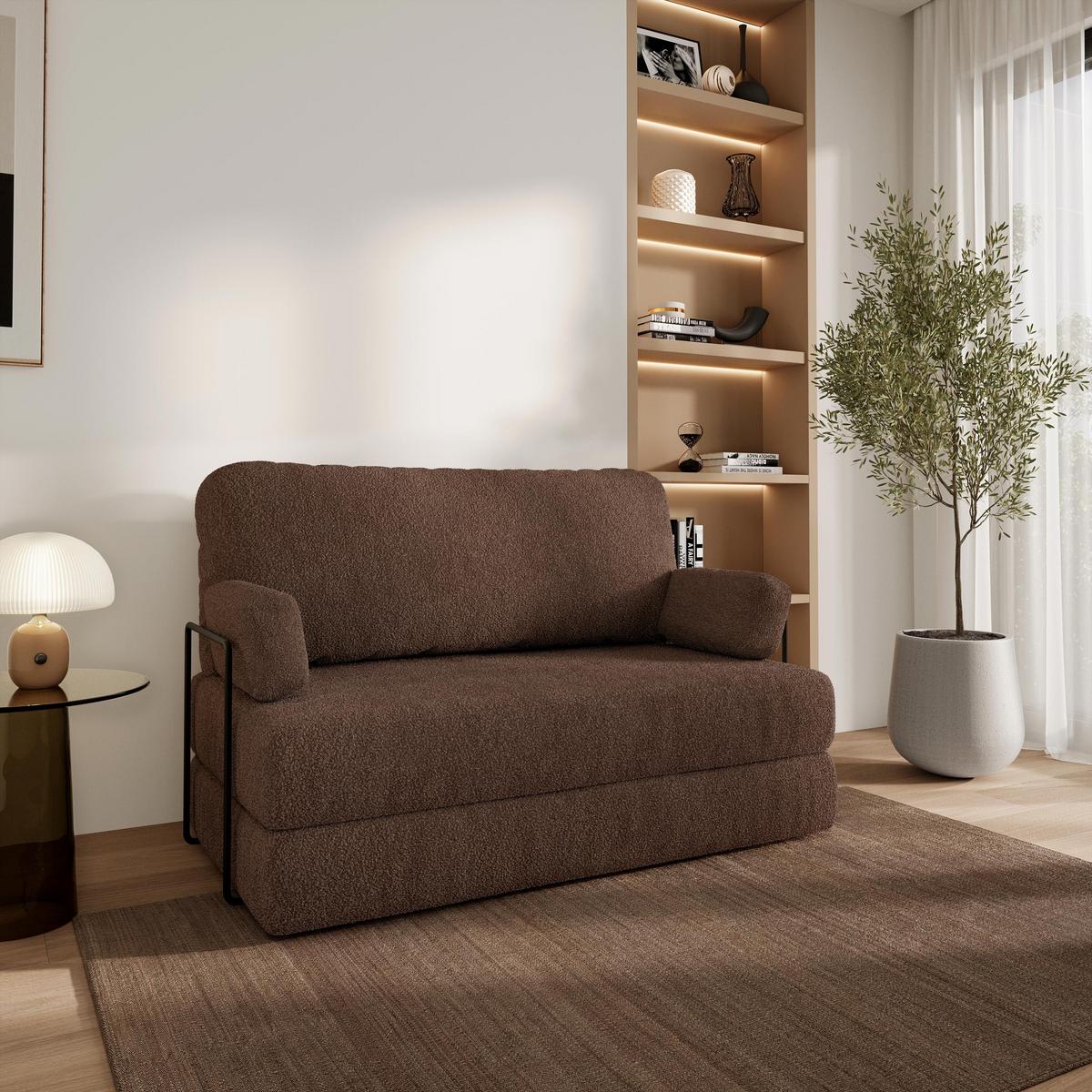 BETTSOFA KESTE aus Schaumstoff Bucle-Stoff Braun Schlaffunktion - Braun, Textil (140/86/60cm) - MASSENO