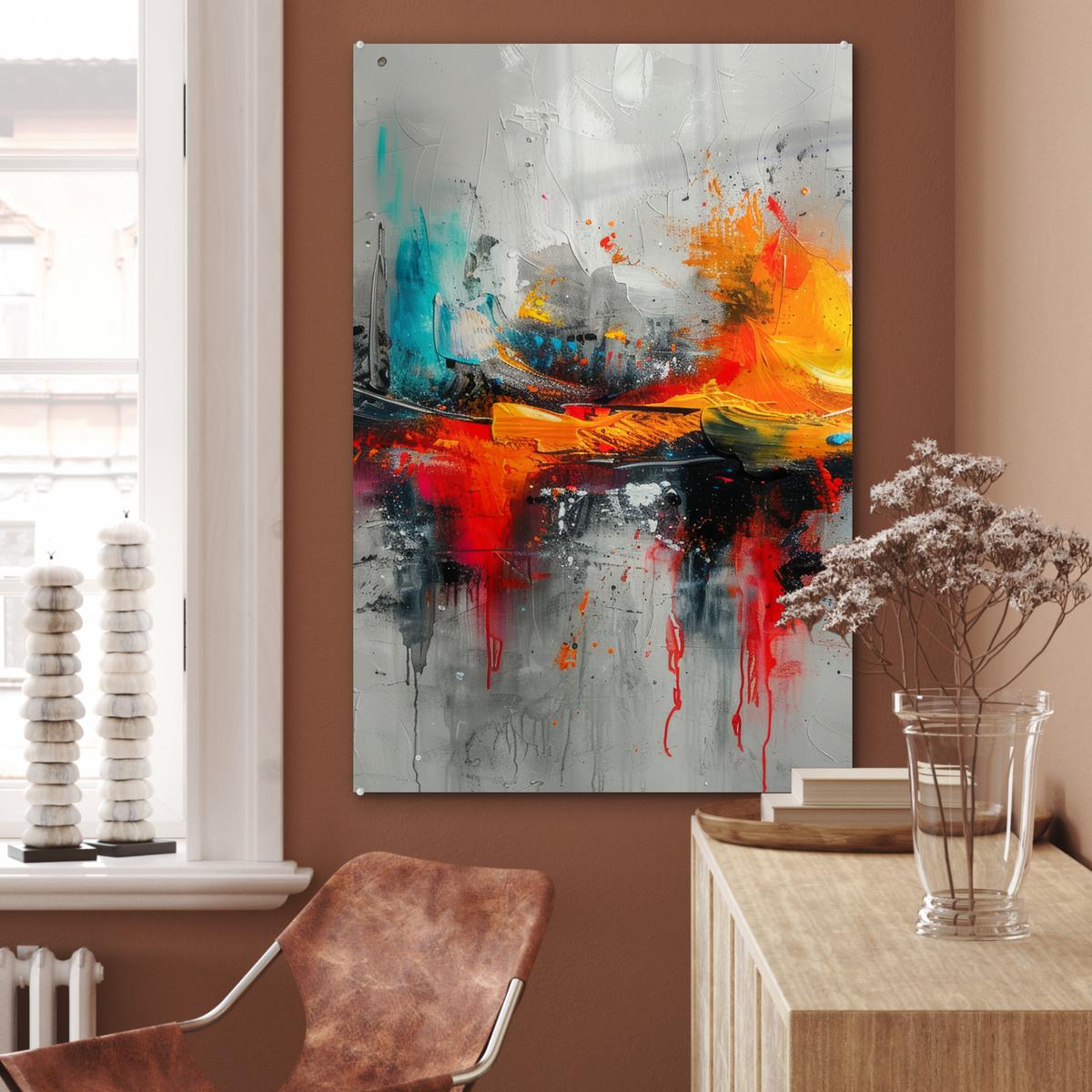 ACRYLGLASBILD Moderne Kunst - Orange - Grau - Abstrakt 80x120 cm - Hellgrau, Glas (80/120cm) - MuchoWow