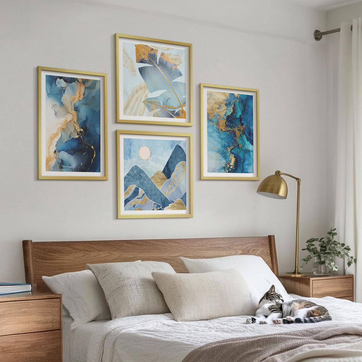BILDER SET 4er Set - 50x50 cm & 40x60 cm Goldrahmen - Goldmuster in den blauen Bergen - Goldfarben, Kunststoff (50/50cm) - TULUP