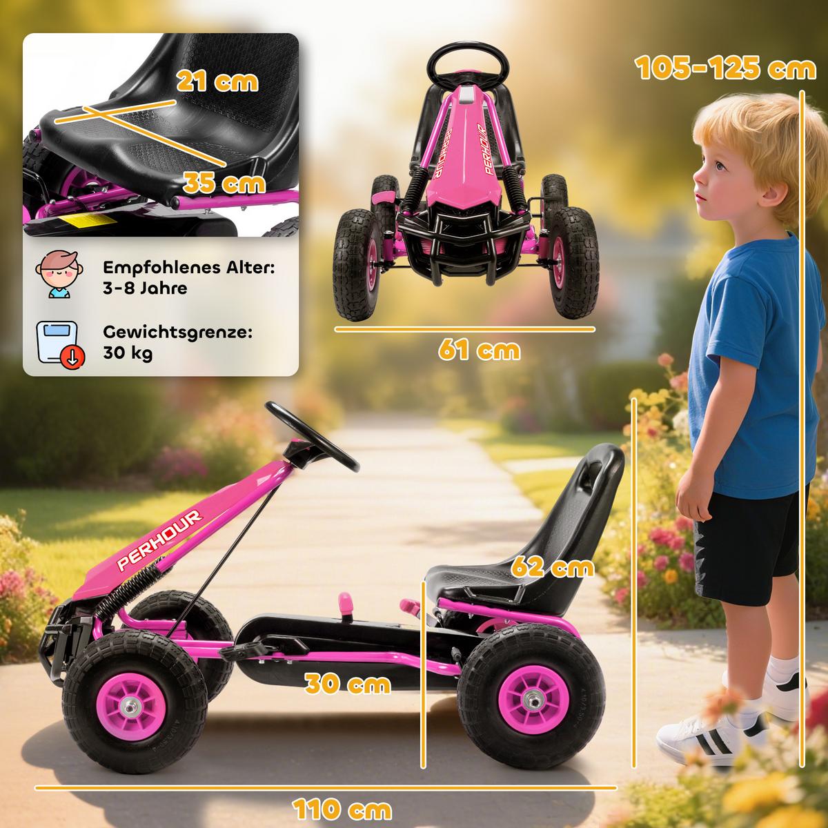 GOKART, Tretauto mit Handbremse, verstellbarem Sitz, Vor- und Rückwärtsgang - Rosa, Metall (110/61/62cm) - AIYAPLAY