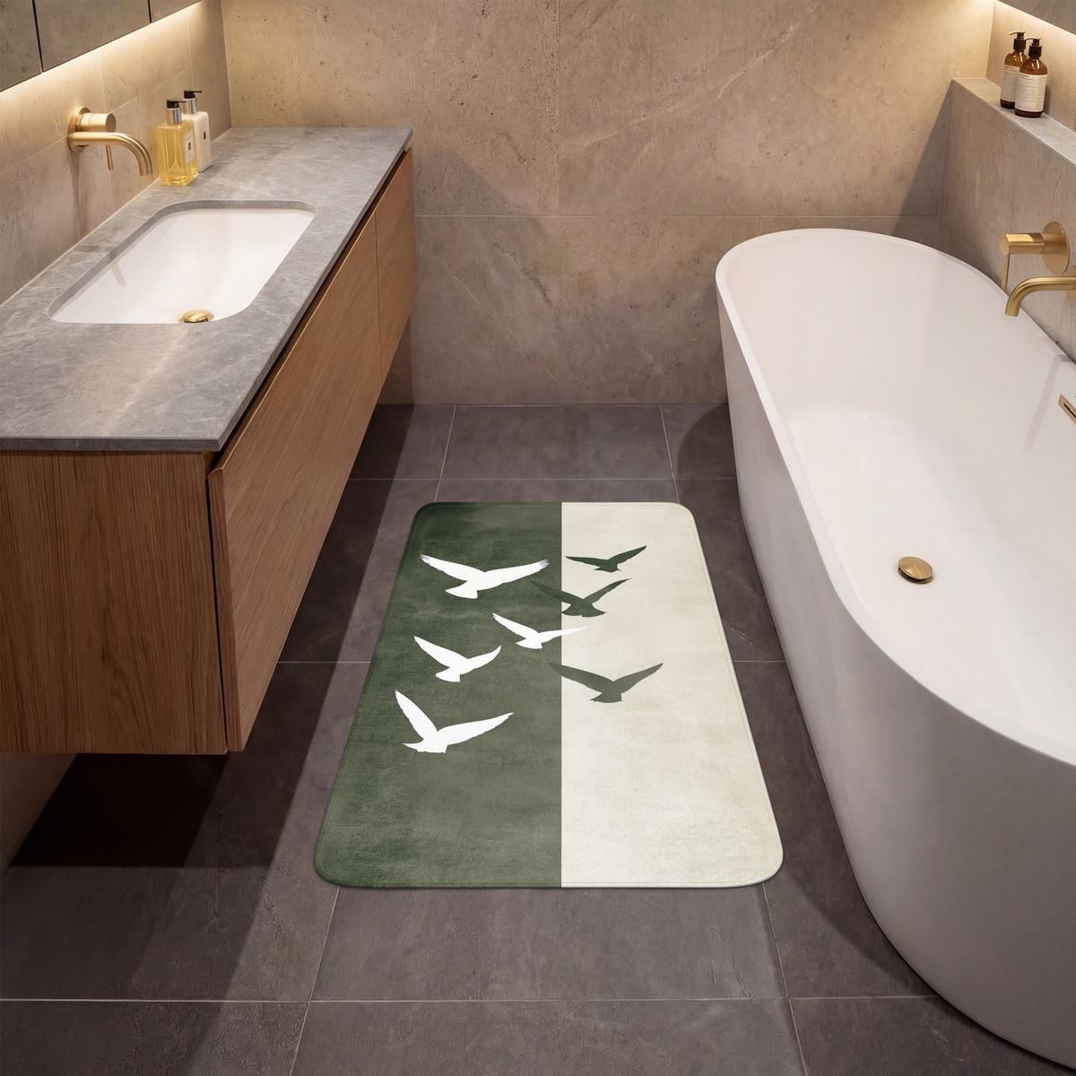 BADEMATTE Japandi - Vogel - Grün 60x90 cm - Olivgrün, Textil (60/90cm) - OnlyWow