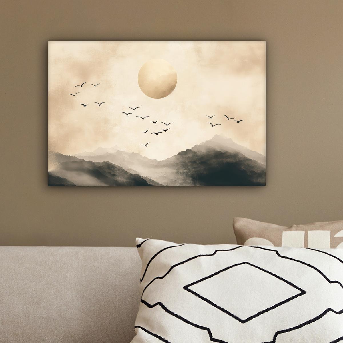 LEINWANDBILD Landschaft - Japandi - Vogel Deko Schlafzimmer 30x20 cm - Beige, Textil (30/20cm) - MuchoWow