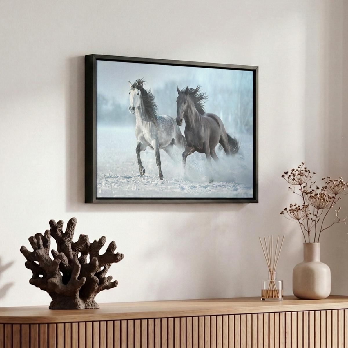 LEINWAND Bilder mit Rahmen - Pferde - Winter - Tiere - Natur - Schnee - 30x20 - Anthrazit, Textil (30/20cm) - MuchoWow