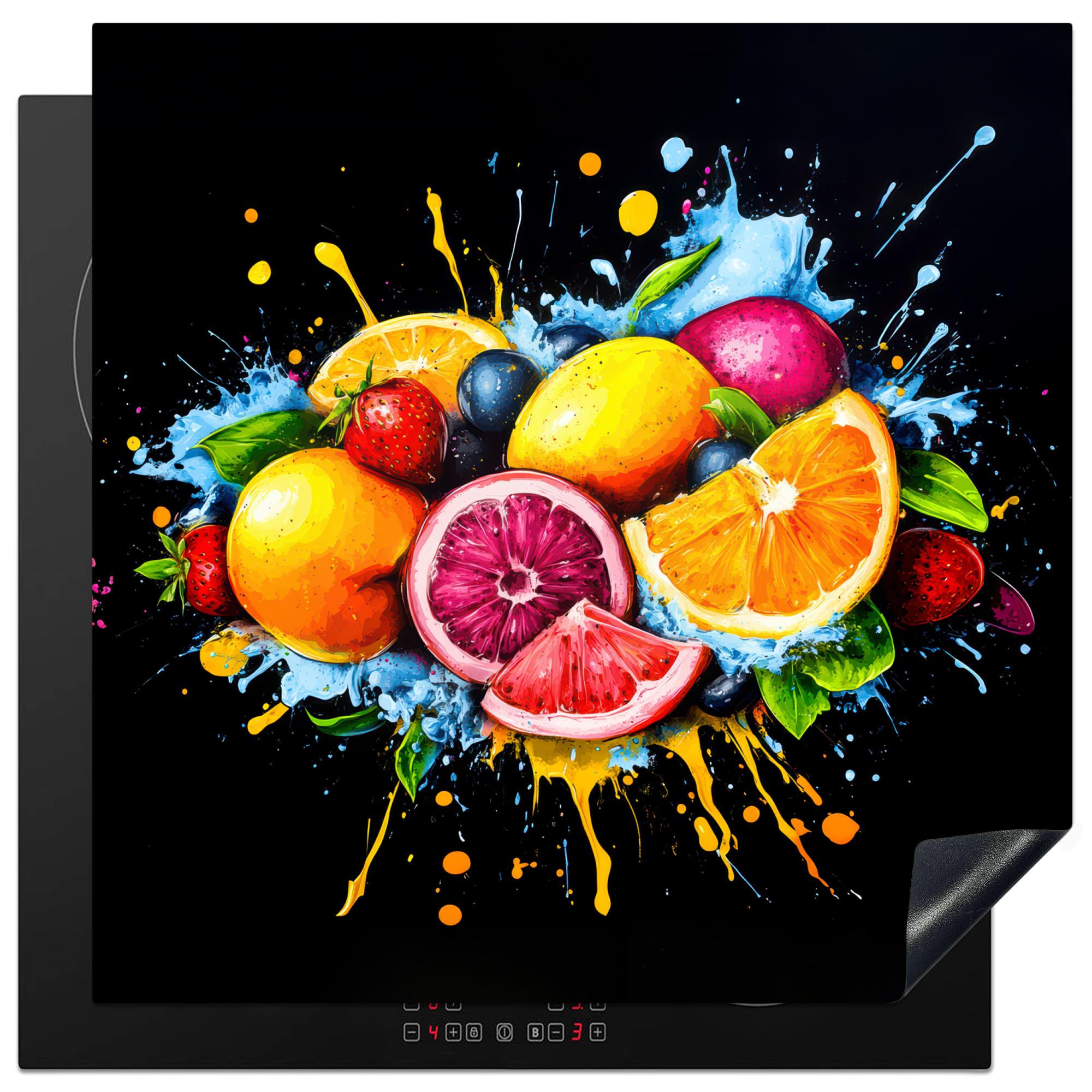 HERDABDECKPLATTE Obst - Graffiti - Bunt - Orange - Erdbeere - Abstrakt Induktionsmatte 78x78 cm - Orange, Kunststoff (78/78/0.2cm) - MuchoWow