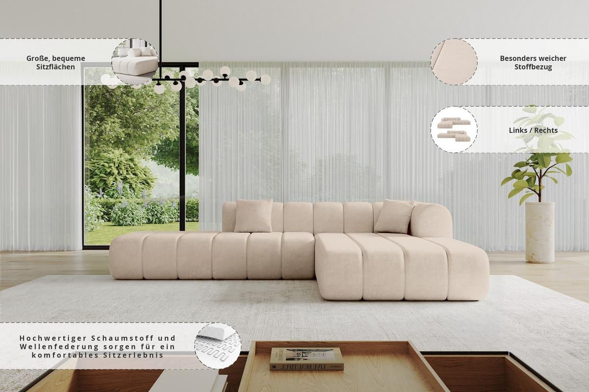 ECKSOFA Ottomane Rechts BILA-L 289x176x71 Beige Samt - Beige/Schwarz, Holzwerkstoff/Kunststoff (289/176cm) - ALTDECOR