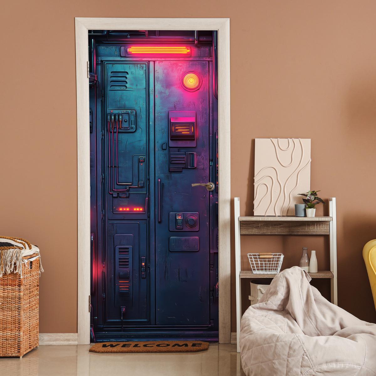 TÜRAUFKLEBER Tür - Futuristisch - Blau - Rosa - Neon 90x215 cm - Türtapete - Anthrazit, Kunststoff (90/0.1cm) - MuchoWow