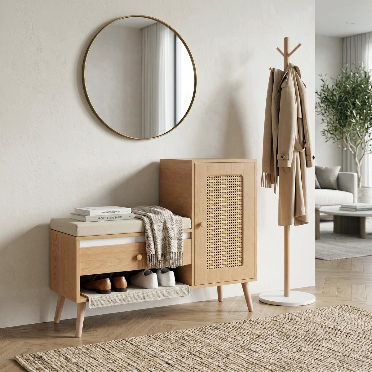 SCHUHSCHRANK in Holz-Optik – Schuhschrank mit Rattan-Tür & Sitzkissen - Naturfarben, Holzwerkstoff (95.5/80.5/35cm) - Urban Meuble