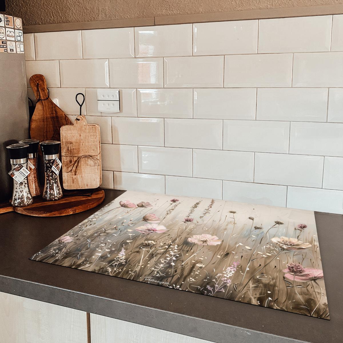 HERDABDECKPLATTE Blumen - Beige - Trockenblumen Herdabdeckung Induktionsfeld 70x52 cm - Beige, Kunststoff (70/52/0.2cm) - MuchoWow