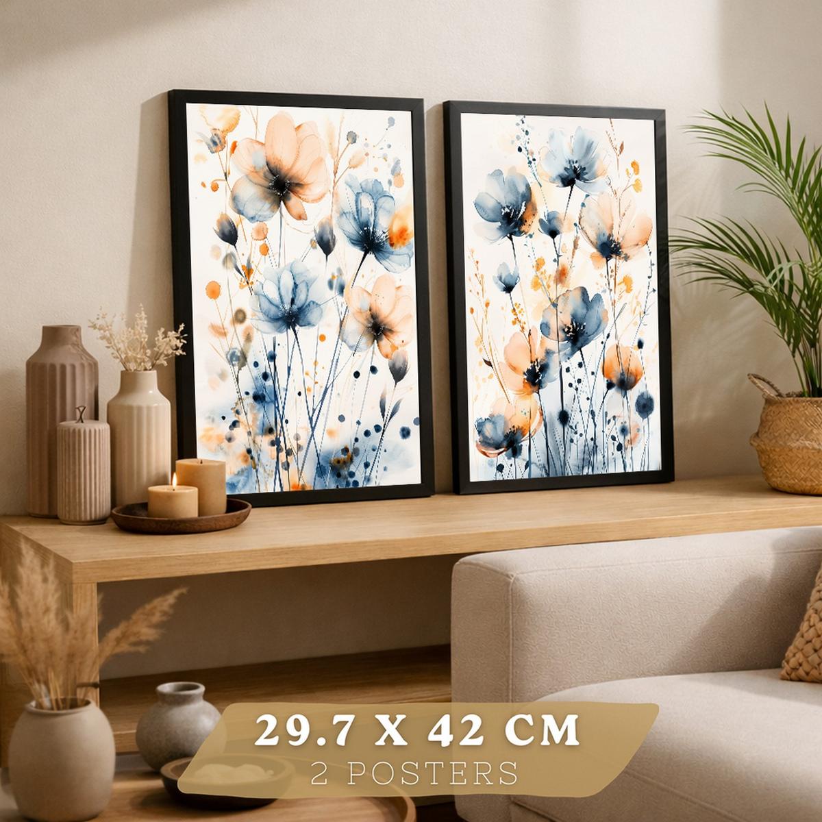 POSTER 2er-Set Wandbilder Blumen Blau Orange Boho modern Wohnzimmer Deko, Schlafzimmer, Küche, Badezimmer Rahmenlos A3 - Schwarz, Papier (29.7/1/42cm) - Nacnic