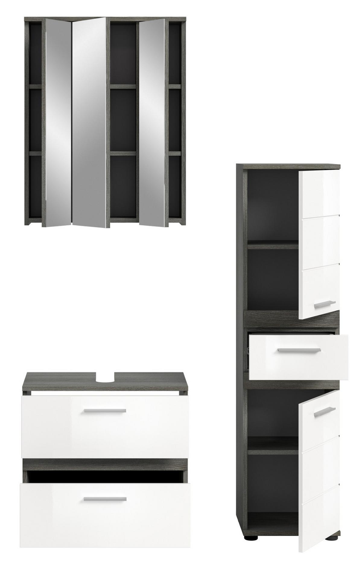 BADMÖBEL-SET weiß Hochglanz. grau 3-teilig 110 cm, Kombination mit viel Stauraum - Weiß Hochglanz/Grau, Holzwerkstoff/Metall (110/191/34cm) - Inn.Furn