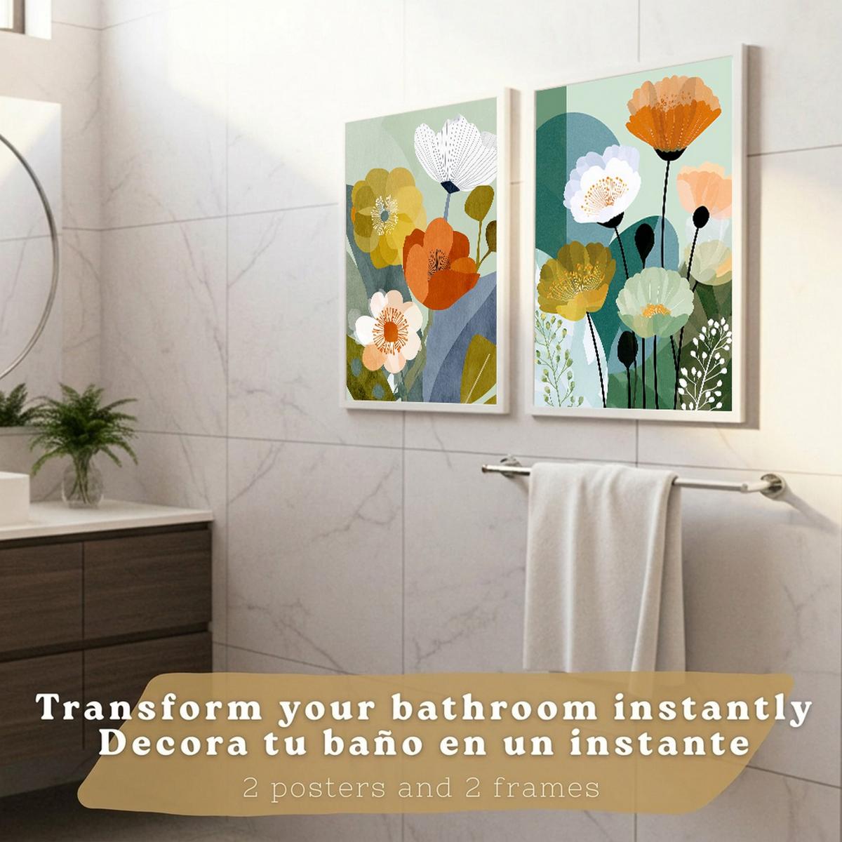 POSTER 2er-Set dekorative Badezimmerdrucke, moderne florale Wandposter für Waschbecken, Dusche, abstrakte florale, nordischer Stil Weißer Rahmen A3 - Weiß, Papier (42/29.7/3cm) - Nacnic