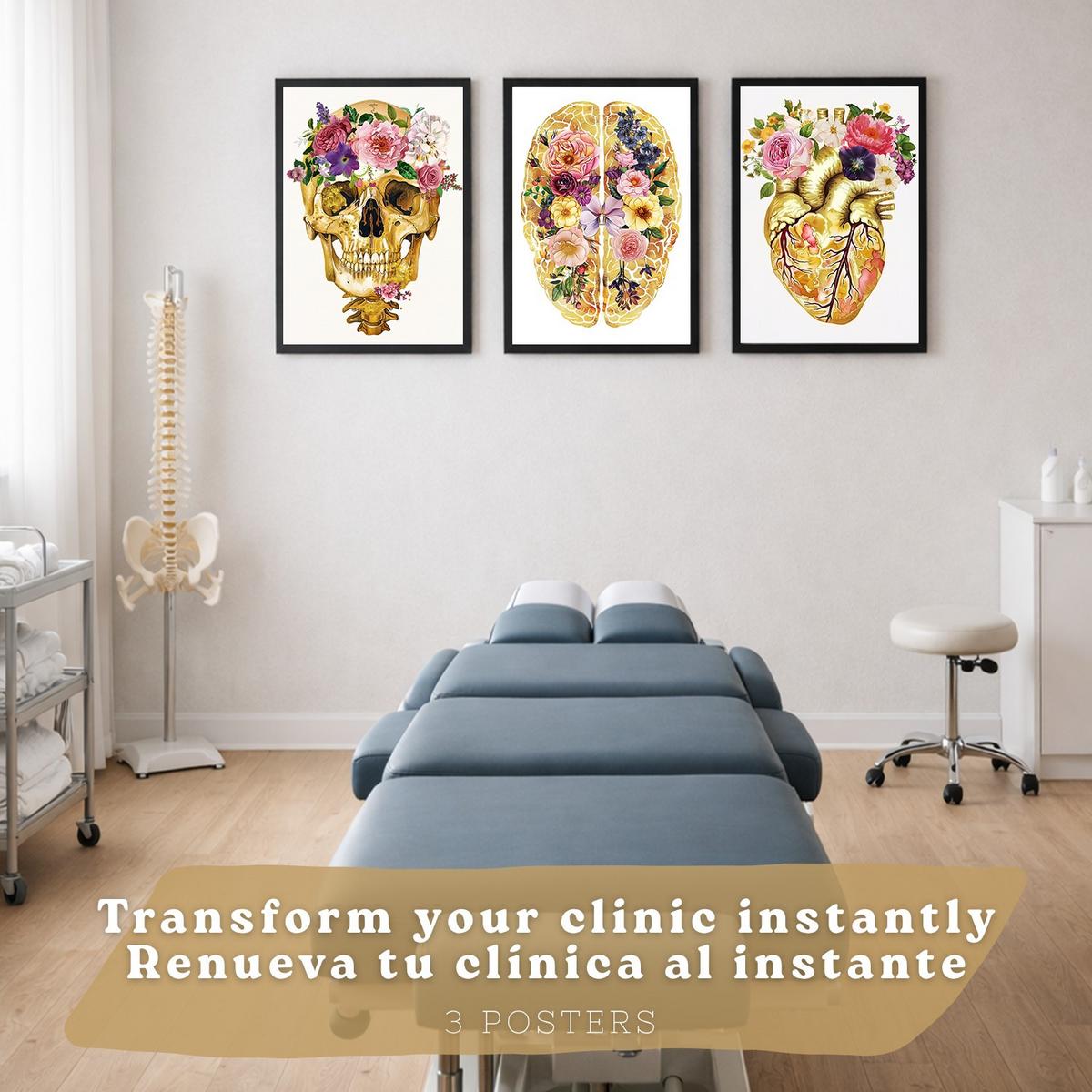 POSTER Set aus 3 Anatomie Mensch Drucke und mit Schädel Gehirn und Herz Goldene Florale Künstlerische Illustration Größe Schwarzer Rahmen A3 - Schwarz, Papier (29.7/42/3cm) - Nacnic