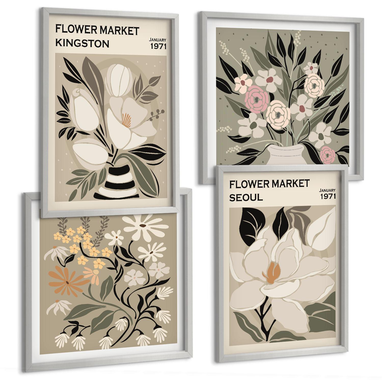 BILDER SET 4er Set - 50x50 cm & 40x60 cm Silberner Rahmen - Retro-Blumen aus Städten rund um die Welt - Silberfarben, Kunststoff (50/50cm) - TULUP