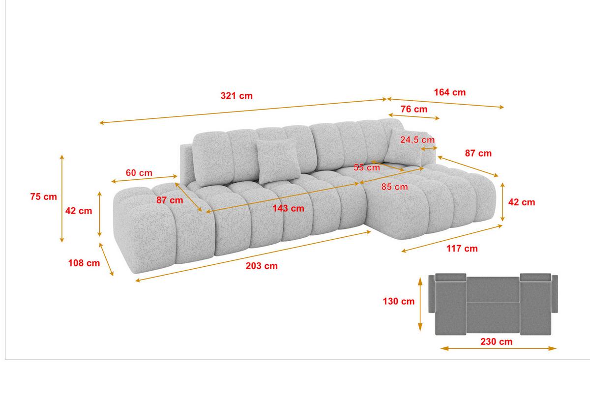 ECKSOFA mit Schlaffunktion Ottomane RECHTS OLEA-L2 321x164x75 Grau Tissu - Graphitfarben/Schwarz, Holzwerkstoff/Kunststoff (164/321cm) - ALTDECOR