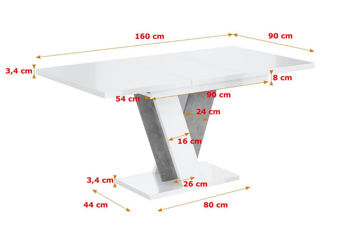 ESSTISCH ausziehbar 120 -160x90x75 cm - Hochglanz Weiß/Betonoptik - INEY - Weiß Hochglanz, Holzwerkstoff (120/90/75cm) - ALTDECOR