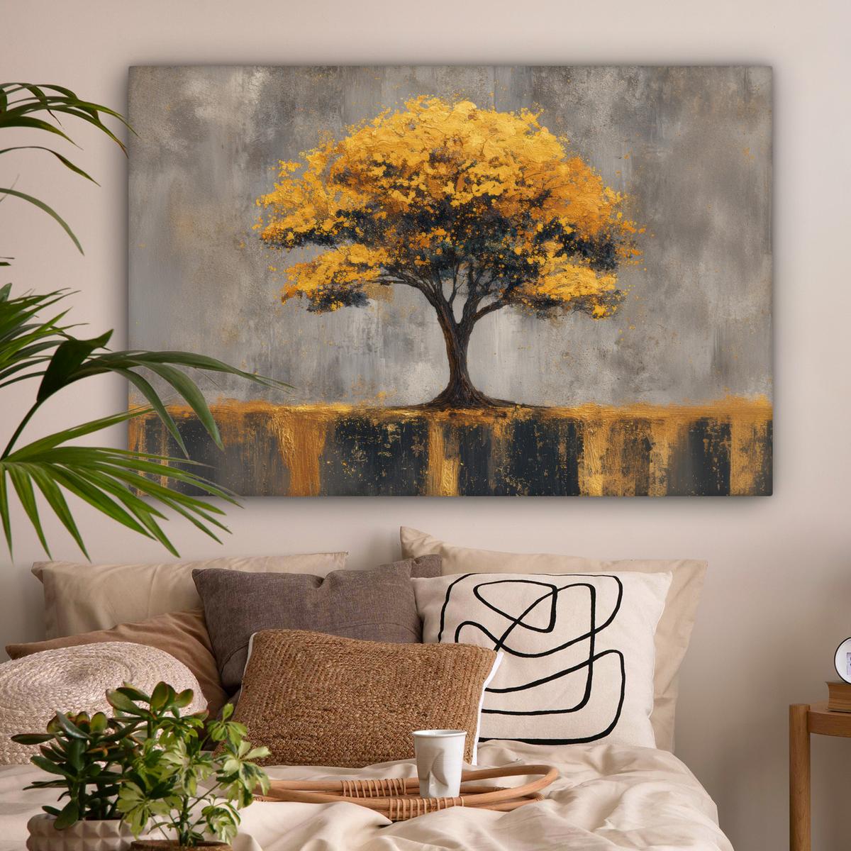 LEINWANDBILD Baum - Blätter - Gold - Abstrakt XXL 150x100 cm - Grau, Textil (150/100cm) - MuchoWow