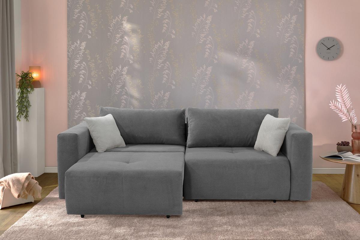 SCHLAFSOFA Verwandlung: Big-Sofa/Eckcouch, 2 Bettkästen, B243/T115-161/H84 cm, Liegefläche 145x197 cm, Waffelcord Grau / 15241 - Schwarz/Grau, Kunststoff/Textil (243/84/115cm) - luma-home