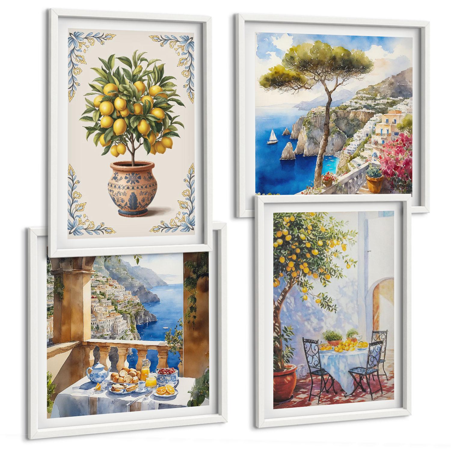 BILDER SET 4er Set - 50x50 cm & 40x60 cm Weißer Rahmen - Tisch aus Zitronenbaum - Weiß, Kunststoff (50/50cm) - TULUP