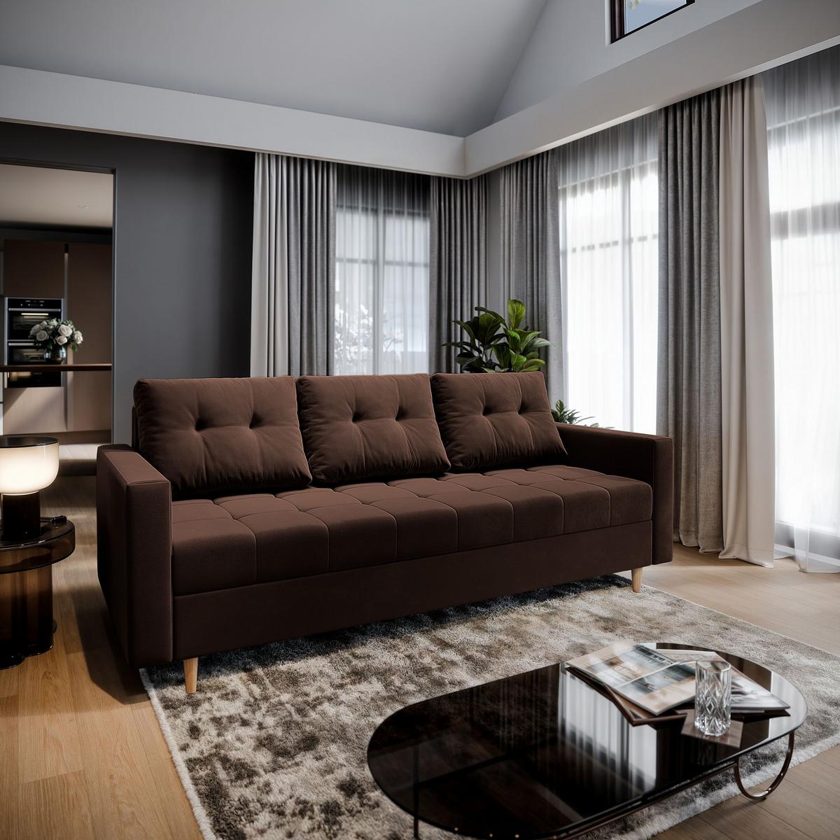BETTSOFA MILO Braun Plüsch-Stoff mit Schlaffunktion - Braun, Textil (220/93/87cm) - MASSENO