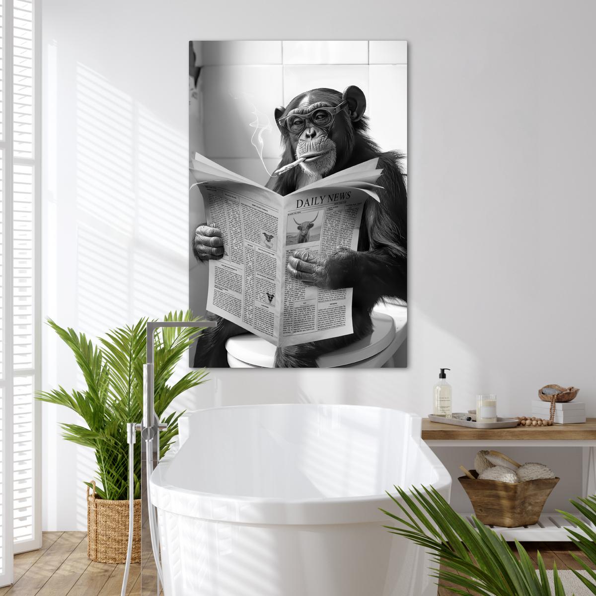 LEINWANDBILD Affe - WC - Zeitung - Schwarz-Weiß - Humor Deko XXL 80x120 cm - Hellgrau, Textil (80/120cm) - MuchoWow