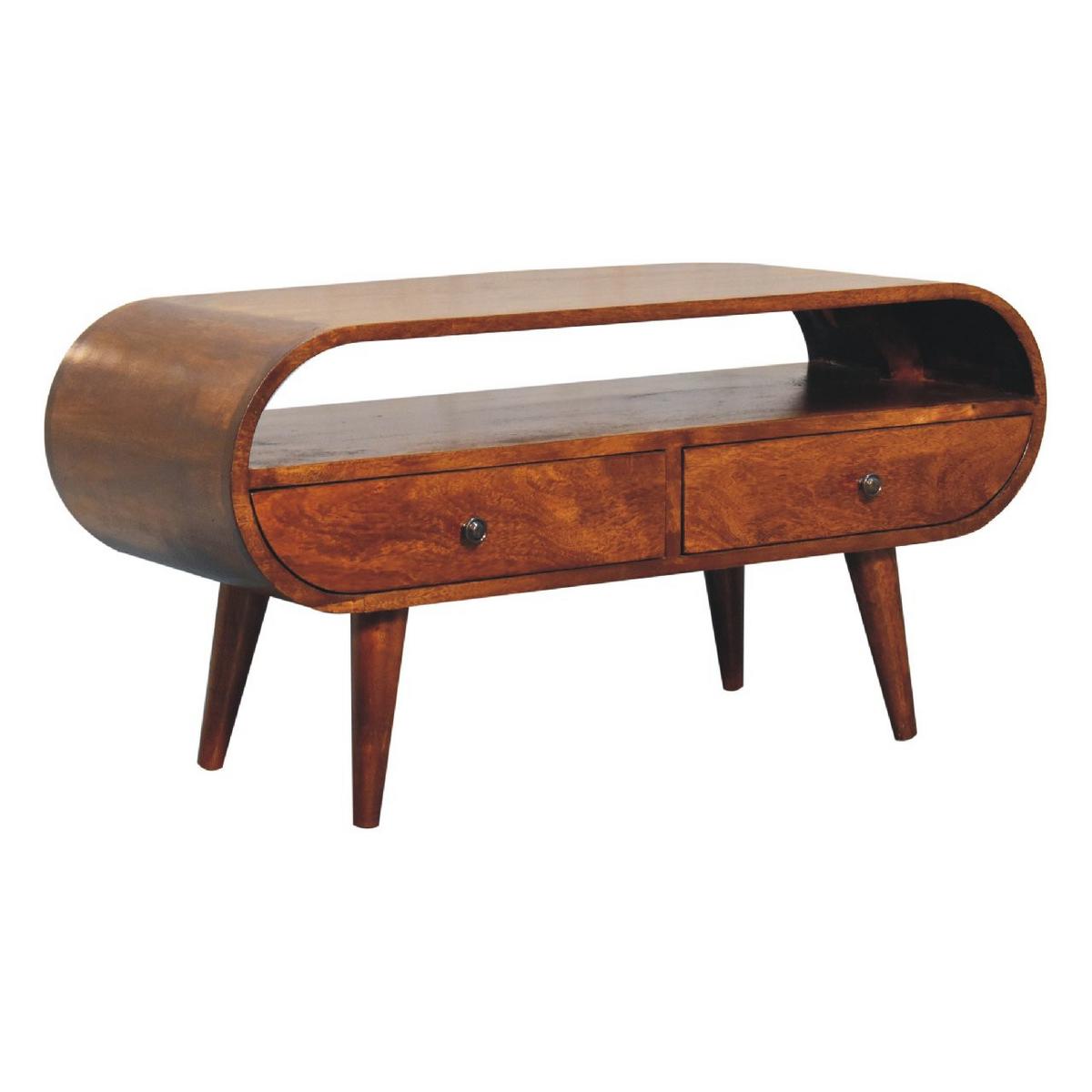 RUNDER TV-Ständer im Kastanienholz-Finish, 2 Schubladen, 1 Offenes Fach, Nordische Beine - Kastanienfarben/Messingfarben, Holz/Metall (90/45/35cm) - Artisan Furniture