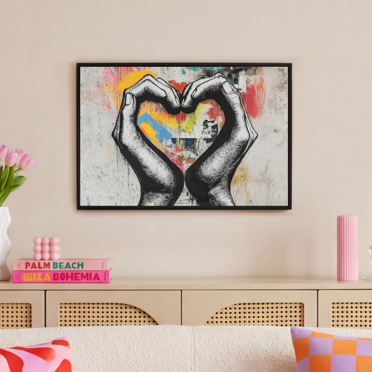 LEINWAND Bilder mit Rahmen - Hände - Herz - Straßenkunst - Graffiti - 60x40 - Multicolor, Textil (60/40cm) - MuchoWow