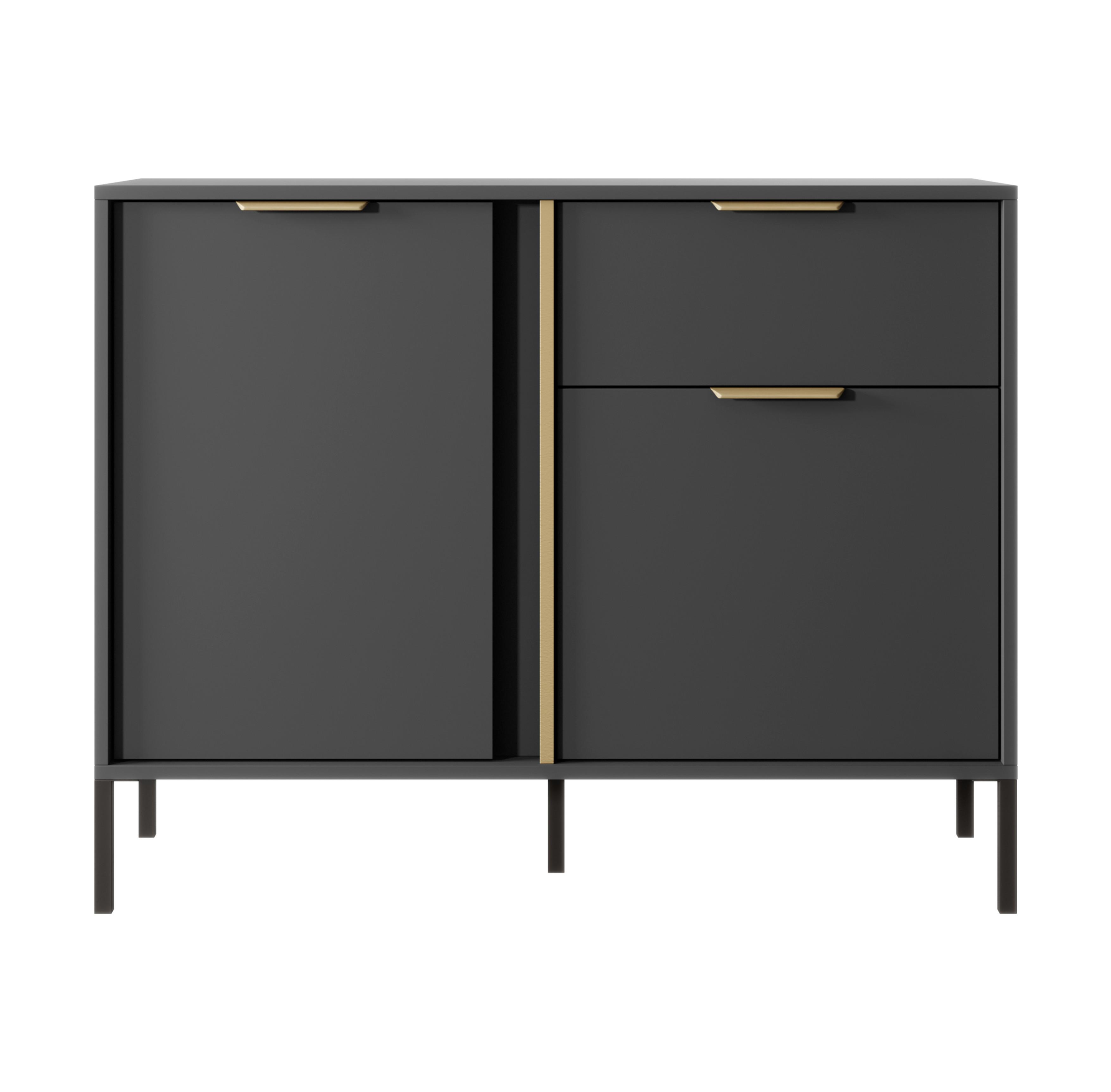 SIDEBOARD Catanian 2T 1S Grau 103,3/81,4/39,5 cm – mit goldenen Griffen und schwarzen Beinen - Schwarz/Grau, Holzwerkstoff/Metall (103.3/81.4/39.5cm) - AX Living