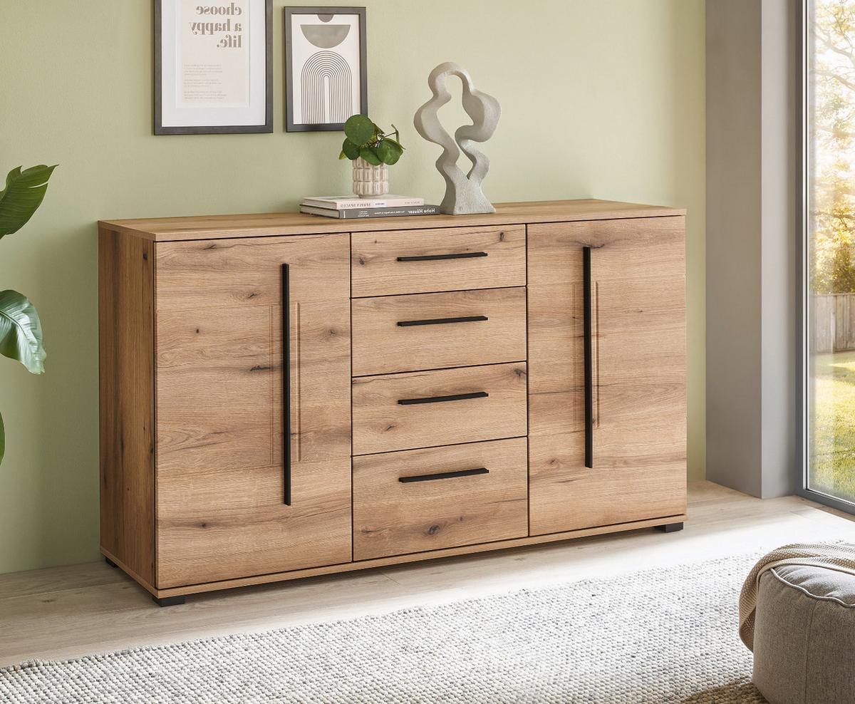 SIDEBOARD Eiche Evoke, Kommode 150 cm mit Soft-Close - Eichefarben/Schwarz, Holzwerkstoff/Kunststoff (150/86/42cm) - Furn.Design