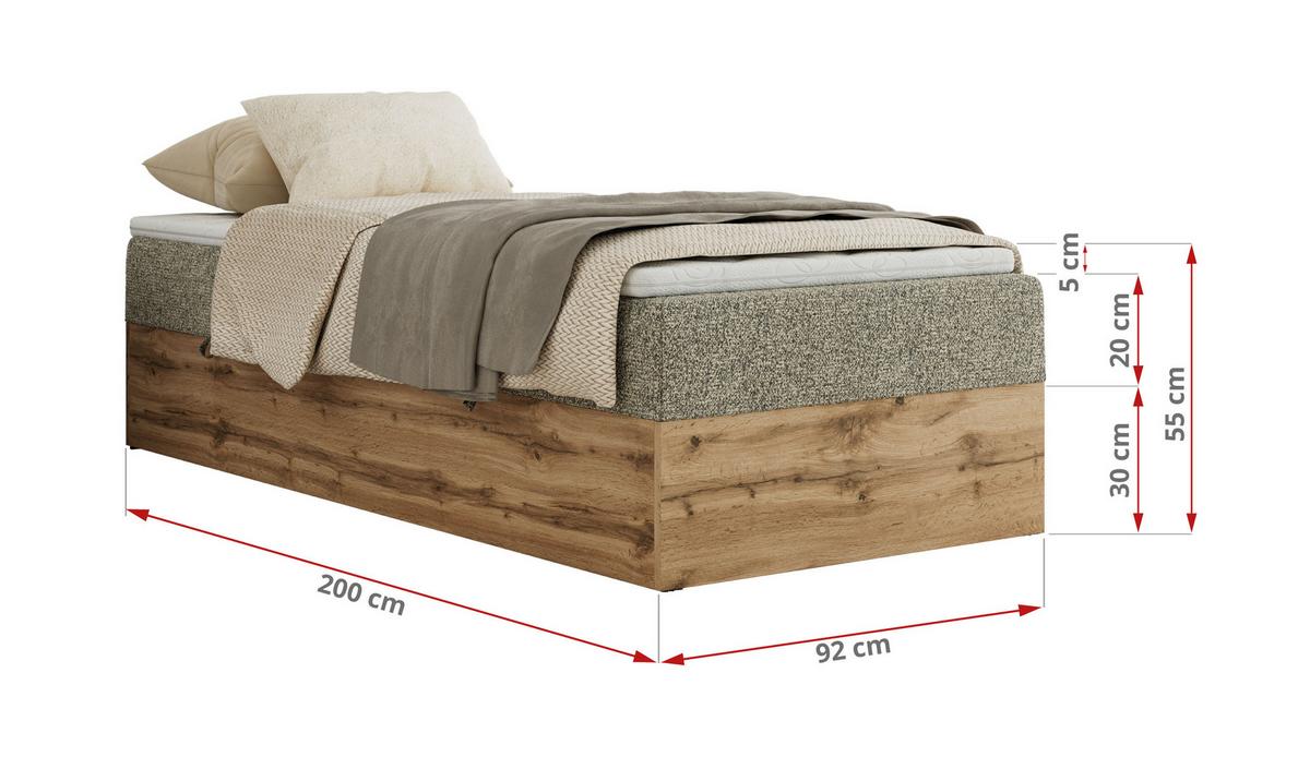 BOXBETT WOOD ZERO 90/200 - Grau Struktur - H4 - Topper Visco - Grau, Textil (90/200cm) - MKS