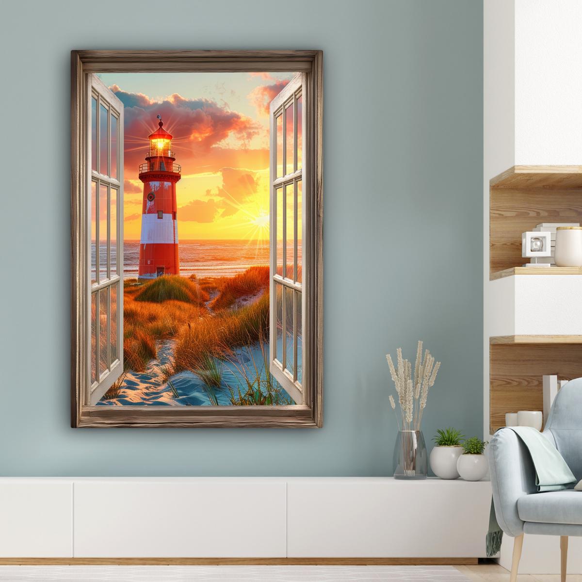 LEINWANDBILD Aussicht - Fenster - Leuchtturm - Sonnenuntergang - Strand Deko XXL 80x120 cm - Dunkelorange, Textil (80/120cm) - MuchoWow