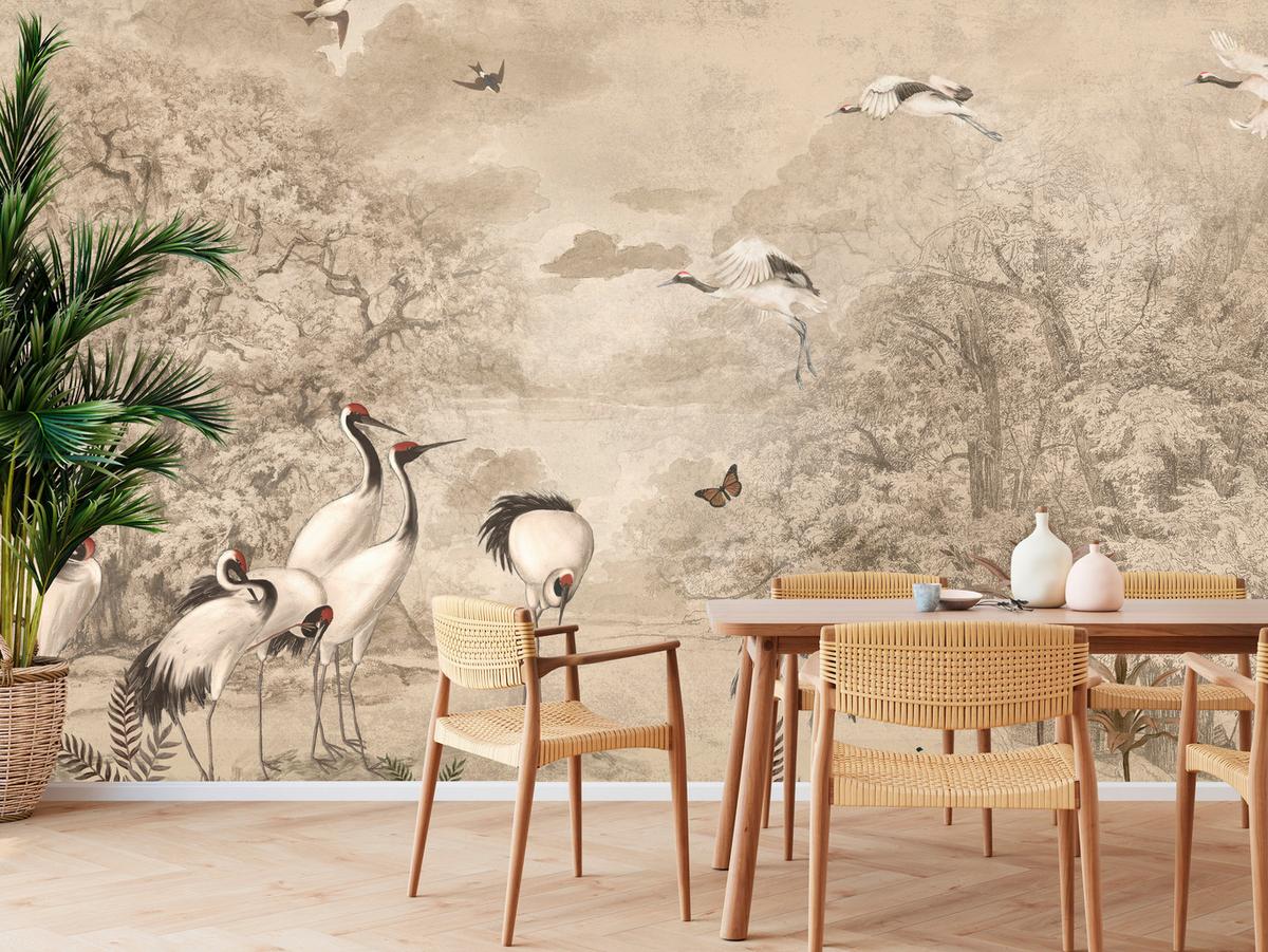 FOTOTAPETE für Schlafzimmer Retro Kraniche Wald Bäume Vögel 450x315 - Beige/Rot, Papier (450/315cm) - Muralo