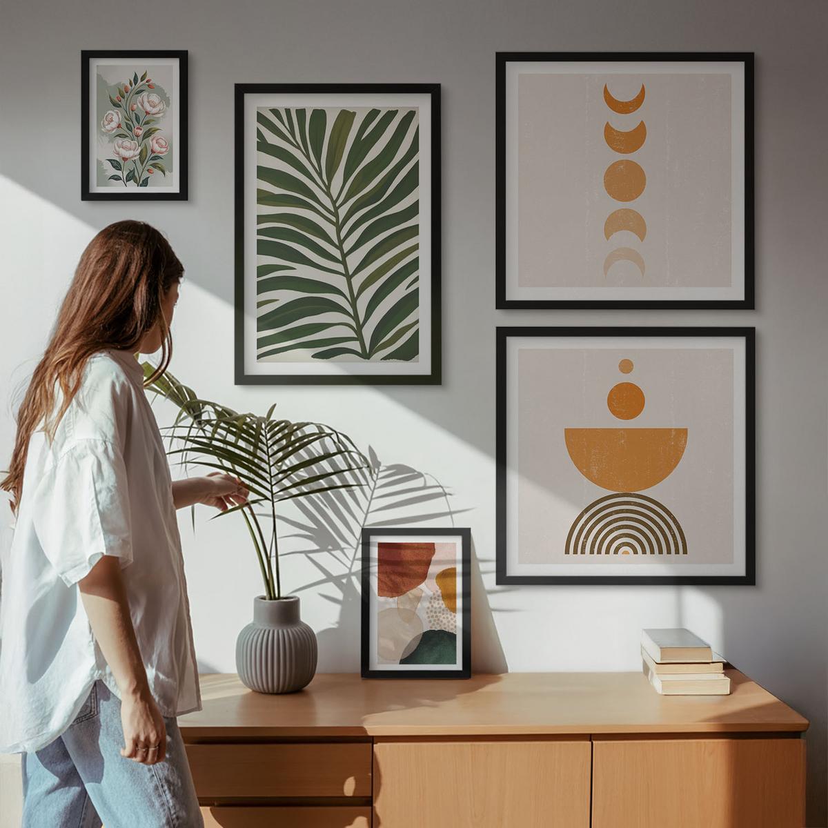 BILDER SET 5er Set - 50x50 cm & 20x30 cm & 40x60 cm Schwarzer Rahmen - Abstrakte Blattformen - Schwarz, Kunststoff (40/60cm) - TULUP