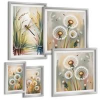 BILDER SET 5er Set - 50x50 cm & 20x30 cm & 40x60 cm Silberner Rahmen - Pastellfarbene Löwenzahnblüten - Silberfarben, Kunststoff (40/60cm) - TULUP