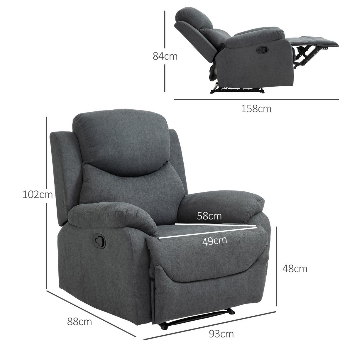 RELAXSESSEL 150° neigbar Einzelsofa Liege Fernsehsessel Leinen Dunkelgrau - Dunkelgrau/Schwarz, Textil/Metall (88/102/93cm) - HOMCOM
